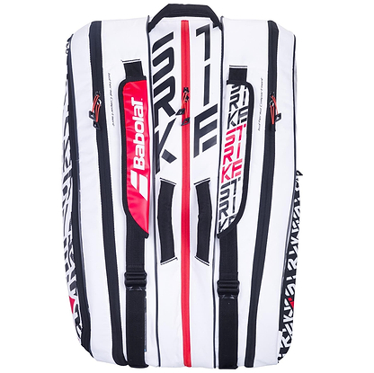 The Babolat RH12 Pure Strike 12 Racket Bag in a sleek combination of white, black, and red is crafted with multiple compartments and zippers, ensuring durability for holding rackets and tennis essentials. It also features a sturdy insulated compartment for superior protection.