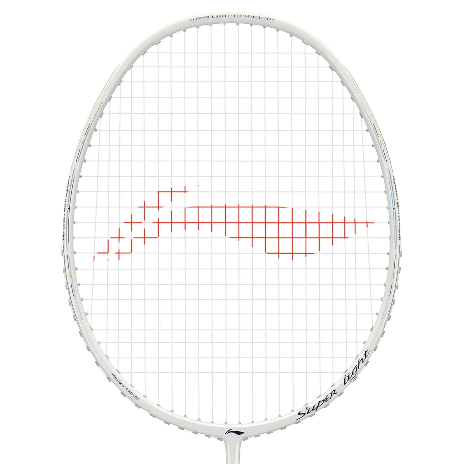 Meet the Li-Ning Windstorm 79S 5U Badminton Racket in Pearl White, featuring red strings in a wave design. It showcases "Super-Light Technology" on its frame for enhanced lightweight performance and swift, powerful swings.
