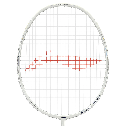 Meet the Li-Ning Windstorm 79S 5U Badminton Racket in Pearl White, featuring red strings in a wave design. It showcases "Super-Light Technology" on its frame for enhanced lightweight performance and swift, powerful swings.