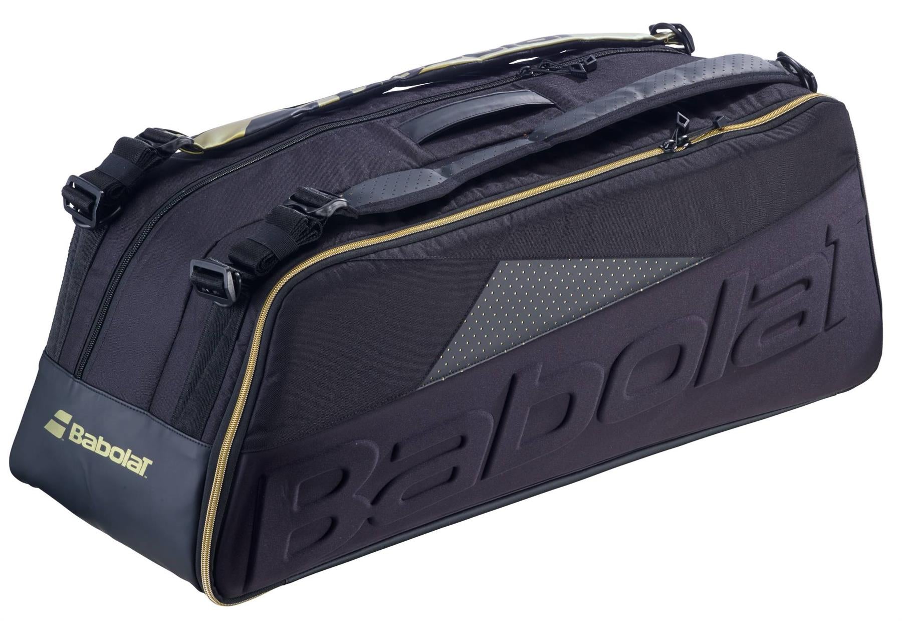 The Babolat Cross Pro Badminton Bag - Black / Gold features the Babolat logo, multiple zippered compartments, a thermoformed shell for protection, and adjustable straps—ideal for carrying your badminton rackets.