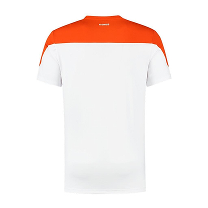 The K-Swiss Hypercourt Block Crew Tee 3 Men's T-Shirt, in white with a striking Spicy Orange horizontal stripe across the shoulders and upper back, combines style with functionality. This performance piece is showcased from the back for an enhanced visual appeal.