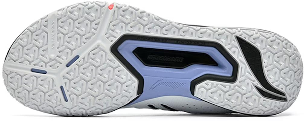 Close-up of the Li-Ning Saga II Lite Mens Badminton Shoes sole with a geometric tread pattern and anti-slip rubber, featuring black, white, and light blue sections. The "Endorphin" logo sits at the center with a small red circle near the top edge, highlighting advanced technology.