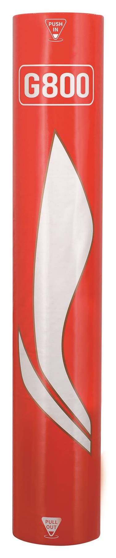 A red cylindrical package with "Li-Ning G800" in white text. The design, akin to those used in international-level tournaments, includes white geometric patterns and features instructions at the top and bottom labeled "PUSH IN" and "PULL OUT.