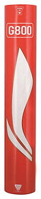 A red cylindrical package with "Li-Ning G800" in white text. The design, akin to those used in international-level tournaments, includes white geometric patterns and features instructions at the top and bottom labeled "PUSH IN" and "PULL OUT.