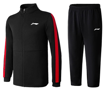 The Li-Ning Unisex Badminton Tracksuit Set - Black/Red features a jacket with long sleeves, bold red stripes, and a white chest logo. The matching pants have the same logo on the left thigh, showcasing minimalist design for athletic performance.