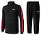 The Li-Ning Unisex Badminton Tracksuit Set - Black/Red features a jacket with long sleeves, bold red stripes, and a white chest logo. The matching pants have the same logo on the left thigh, showcasing minimalist design for athletic performance.