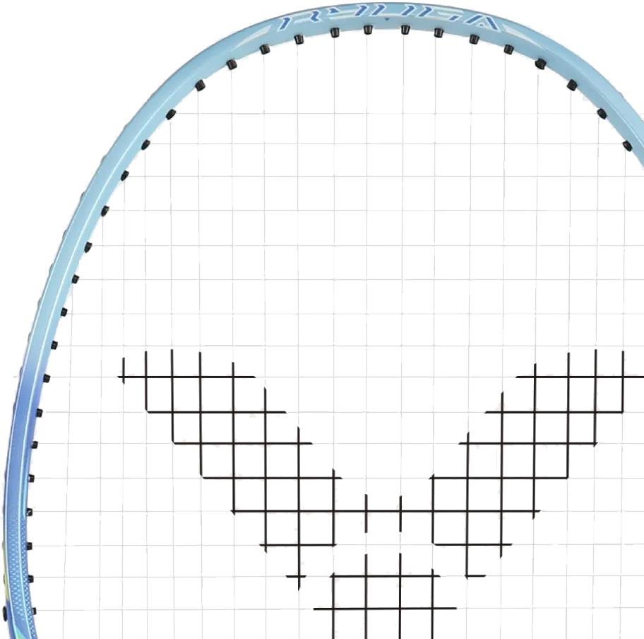 A close-up of the Victor Thruster Ryuga Sport F 3U Badminton Racket in blue shows its head with black strings forming a unique “V” pattern—an ideal choice from Victor for beginner to intermediate players.