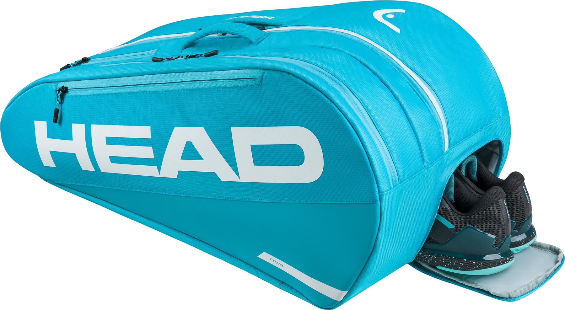 The HEAD Tour 9 Racket Badminton Bag L - Blue by HEAD features a spacious design with multiple compartments, a white logo, and a ventilated shoe pocket where black and teal sneakers are partially visible.