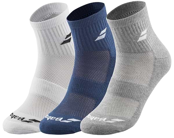 Displayed against a plain backdrop, the Babolat Quarter 3 Pack Badminton Socks in white, blue, and grey are arranged side by side. Each pair is designed for comfort and support with features like a textured pattern, ventilated zones, and a subtle logo—making them ideal for badminton enthusiasts.