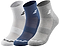 Displayed against a plain backdrop, the Babolat Quarter 3 Pack Badminton Socks in white, blue, and grey are arranged side by side. Each pair is designed for comfort and support with features like a textured pattern, ventilated zones, and a subtle logo—making them ideal for badminton enthusiasts.