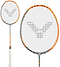 The Victor Thruster Rocket O 4U Badminton Racket by Victor features a silver and orange frame, white string with a black geometric logo, and a white grip tape handle. A close-up of the racket head appears next to the full racket.