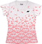 The Yonex YTL2025B Womens Badminton T-Shirt by Yonex features short sleeves, a pink and white gradient geometric floral design, breathable sports fabric, and a small brand logo on the upper left chest.