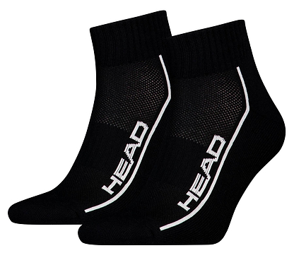 The HEAD Performance Quarter Badminton Socks - Black (2 Pack) feature white HEAD branding on the side, a breathable mesh panel on top, and a cushioned sole for comfort.