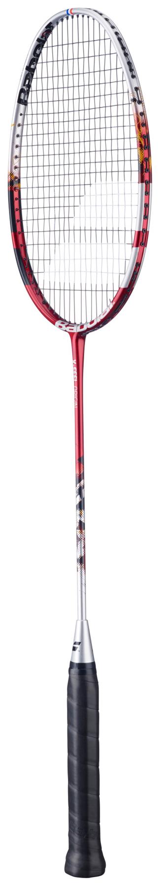 The Babolat X-Feel Origin 2026 3U Badminton Racket in white/red features a sleek frame, black strings, and a black grip for style and power—shown here on a crisp white background.