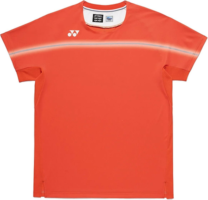 The Yonex 10711YX Crew Neck Men's Badminton T-Shirt in Cyber Orange features a crew neck, short sleeves, a white chest stripe, and Yonex logo—stylish performance sportswear for your next match.