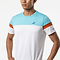 A man stands with hands on hips, wearing the Babolat Crew Neck Mens Badminton T-Shirt—white with a light blue top and orange arm stripes—against a plain background.