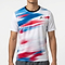 A person in a HEAD Blur Mens Badminton T-Shirt - ROXU—a white, breathable shirt with blue and red streaks, black collar, and small chest logo—stands against a plain white background.