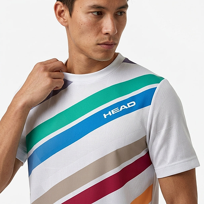 A man wearing the HEAD Pro Mens Badminton T-Shirt - WHXP, featuring colorful diagonal stripes and "HEAD" on the chest, looks to the side while holding his collar in this stylish HEAD shirt.