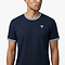 A man wearing a Tecnifibre Team Stretch Mens Badminton T-Shirt in Marine Blue with white trim and a small white chest logo stands against a plain white background.
