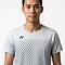 A young man with short dark hair wears the Yonex 10713EX Crew Neck Men's Badminton T-Shirt in silver grey, featuring a moisture-wicking geometric pattern and small black Yonex logo, standing against a plain white background.