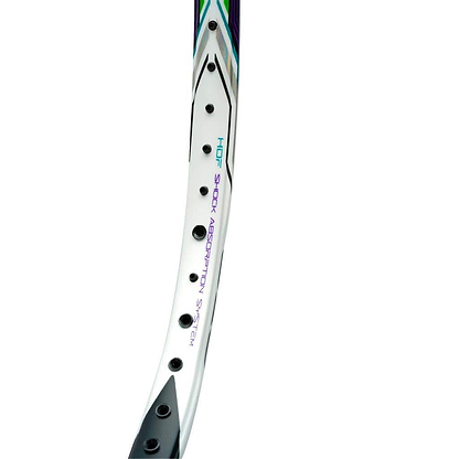 Close-up of a badminton racket frame with a white, black, and purple design. Featuring T1100G military grade carbon fibre for added strength, the text "HDF Shock Absorption System" is visible on the side. The product is the Li-Ning TecTonic 9 4U Badminton Racket by Li-Ning.