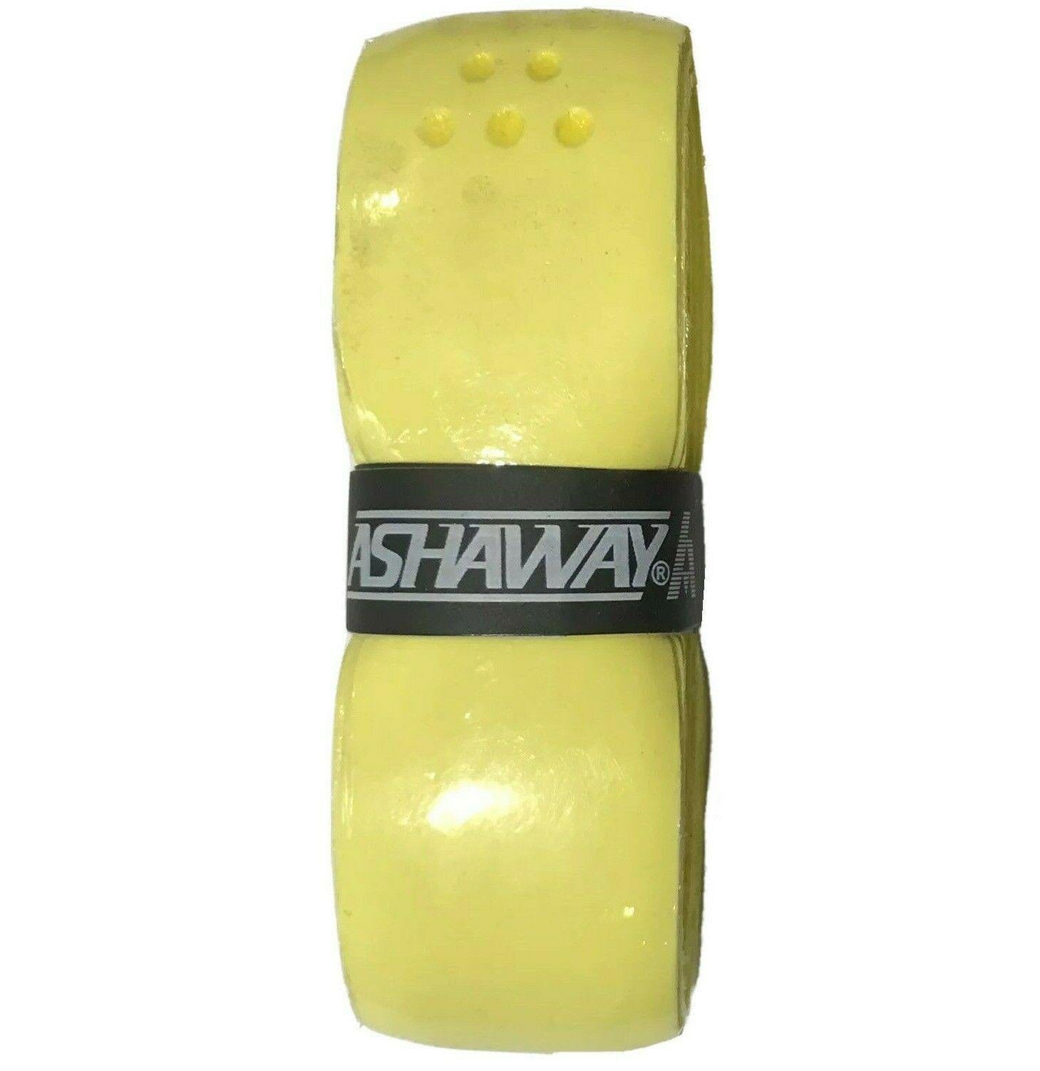 A yellow Ashaway Soft Grip Badminton Grip, featuring small raised dots and wrapped in a black band displaying the Ashaway brand name, perfectly complements a player’s gear, much like a squash ball in your kit.