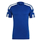 The Adidas Squadra 21 Men's Jersey T-Shirt in Royal Blue showcases white stripes along the shoulders and sleeves. It features the Adidas logo on the right sleeve and the left chest. Designed with Aeroready Technology, this jersey ensures comfort with its crew neck and short sleeves.