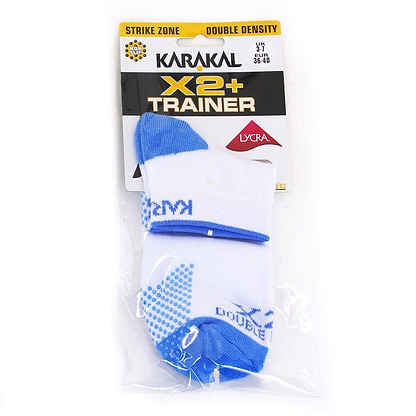 The Karakal X2+ Women's Technical Trainer Badminton Sock in white and blue (UK3-UK7) is expertly crafted for badminton enthusiasts. Made with Cool-Tec Fabric, these socks provide anti-slip strike zones and double density for enhanced comfort, while the Lycra material ensures a snug fit.