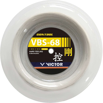 Image of a spool of Victor badminton string from the Victor VBS 68 Badminton String Reel, showcasing its "Control" and "Hard Feeling" features. This high-performance string has a diameter of 0.68mm with a black center accented by yellow highlights, spans 200 meters in length, and is engineered for speed and control using advanced Vectran fibre technology.