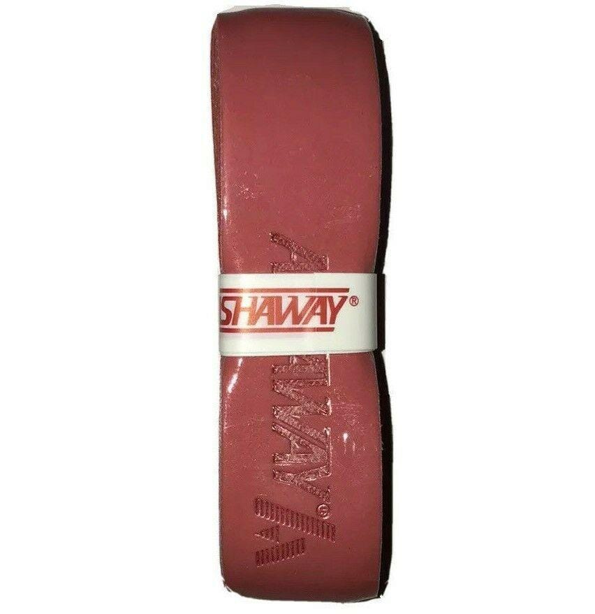 A red Ashaway Super Grip Badminton Grip with a tacky PU surface features the brand name "Ashaway" prominently printed in white on a paper band. The grip is coiled neatly, showcasing its durable design for long-lasting use, comparable to a high-quality ice hockey stick blade tape.