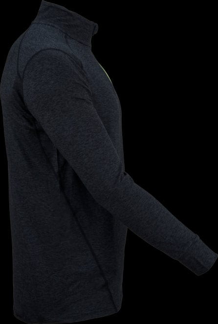 The Victor Badminton Longsleeve Black melánge 5929 Top by Victor is displayed on a mannequin, highlighting its mock turtleneck and slim fit against a black backdrop. Made from lightweight fabric, it perfectly complements any tracksuit for a stylish and effortless look.