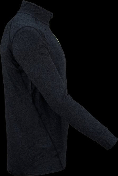 The Victor Badminton Longsleeve Black melánge 5929 Top by Victor is displayed on a mannequin, highlighting its mock turtleneck and slim fit against a black backdrop. Made from lightweight fabric, it perfectly complements any tracksuit for a stylish and effortless look.