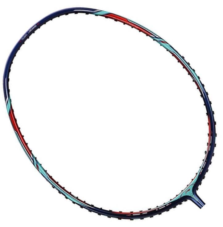 A close-up view of the Li-Ning Aeronaut 9000 Combat badminton racket frame highlights its aerodynamic design, featuring a predominantly black color scheme with bold red and turquoise accents. Its unstrung construction emphasizes precision and control, presenting a sleek and lightweight build that is perfect for competitive play.