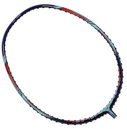 A close-up view of the Li-Ning Aeronaut 9000 Combat badminton racket frame highlights its aerodynamic design, featuring a predominantly black color scheme with bold red and turquoise accents. Its unstrung construction emphasizes precision and control, presenting a sleek and lightweight build that is perfect for competitive play.