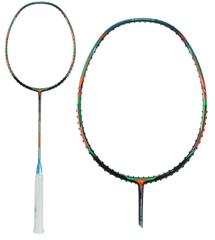 Two views of a Li-Ning Aeronaut 6000 Drive badminton racket: one displays the complete racket featuring a white grip and a frame in black and blue, while the other offers a close-up of the racket's head, highlighting its oval shape and string pattern enhanced by Aeronaut Badminton Racket Technology.