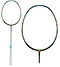 Two views of a Li-Ning Aeronaut 6000 Drive badminton racket: one displays the complete racket featuring a white grip and a frame in black and blue, while the other offers a close-up of the racket's head, highlighting its oval shape and string pattern enhanced by Aeronaut Badminton Racket Technology.