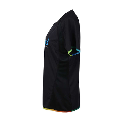 A side view of the FZ Forza Bulgur Solibad Badminton T-Shirt, a black sports jersey with vibrant rainbow trim on the sleeves and hem, ideal for any badminton enthusiast. The shirt is embellished with a light blue Solibad logo on the chest, adding to its distinct style.