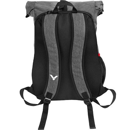 Introducing the Victor Badminton Rucksack 9109, a versatile backpack in gray and black that features padded shoulder straps and a roll-top closure. Experience comfort with its ventilated design and adjustable straps, along with the discreet small logo on one of the straps. It also includes a convenient racket compartment.