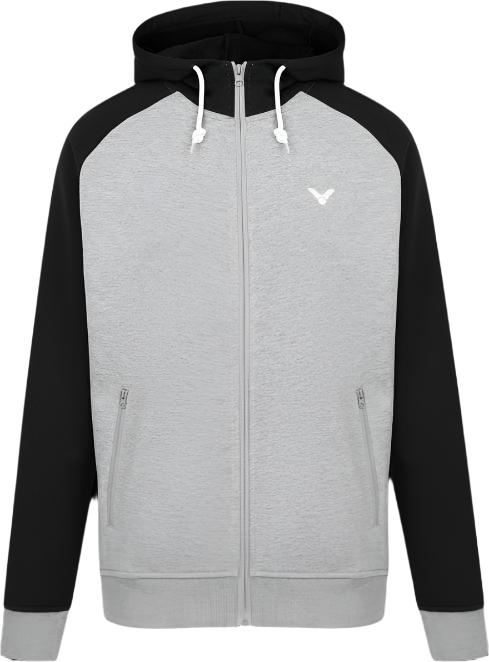 Introducing the Victor Sweater Jacket V-13400 H by Victor, a stylish sports leisure zip-up hoodie featuring a light gray front and hood with contrasting black sleeves and ribbed cuffs. It comes with two zippered pockets, adjustable drawstrings for a custom fit, and is adorned with a small white logo on the left chest.