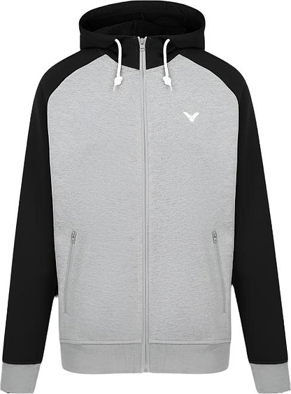 Introducing the Victor Sweater Jacket V-13400 H by Victor, a stylish sports leisure zip-up hoodie featuring a light gray front and hood with contrasting black sleeves and ribbed cuffs. It comes with two zippered pockets, adjustable drawstrings for a custom fit, and is adorned with a small white logo on the left chest.