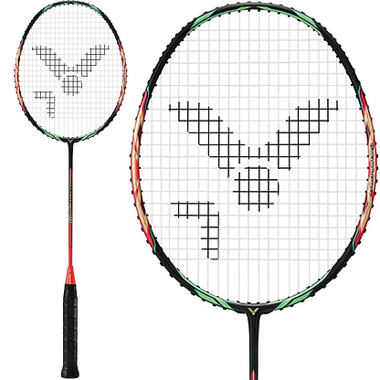 The Victor Jetspeed S 10 Q Badminton Racket - Red Black from Victor showcases a vibrant design on the shaft and an intricate logo pattern on the strings. Made with Pyrofil Carbon Fibre, it provides lightweight handling, and the zoomed-in section highlights the detailed logo incorporated into the string pattern.