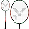 The Victor Jetspeed S 10 Q Badminton Racket - Red Black from Victor showcases a vibrant design on the shaft and an intricate logo pattern on the strings. Made with Pyrofil Carbon Fibre, it provides lightweight handling, and the zoomed-in section highlights the detailed logo incorporated into the string pattern.