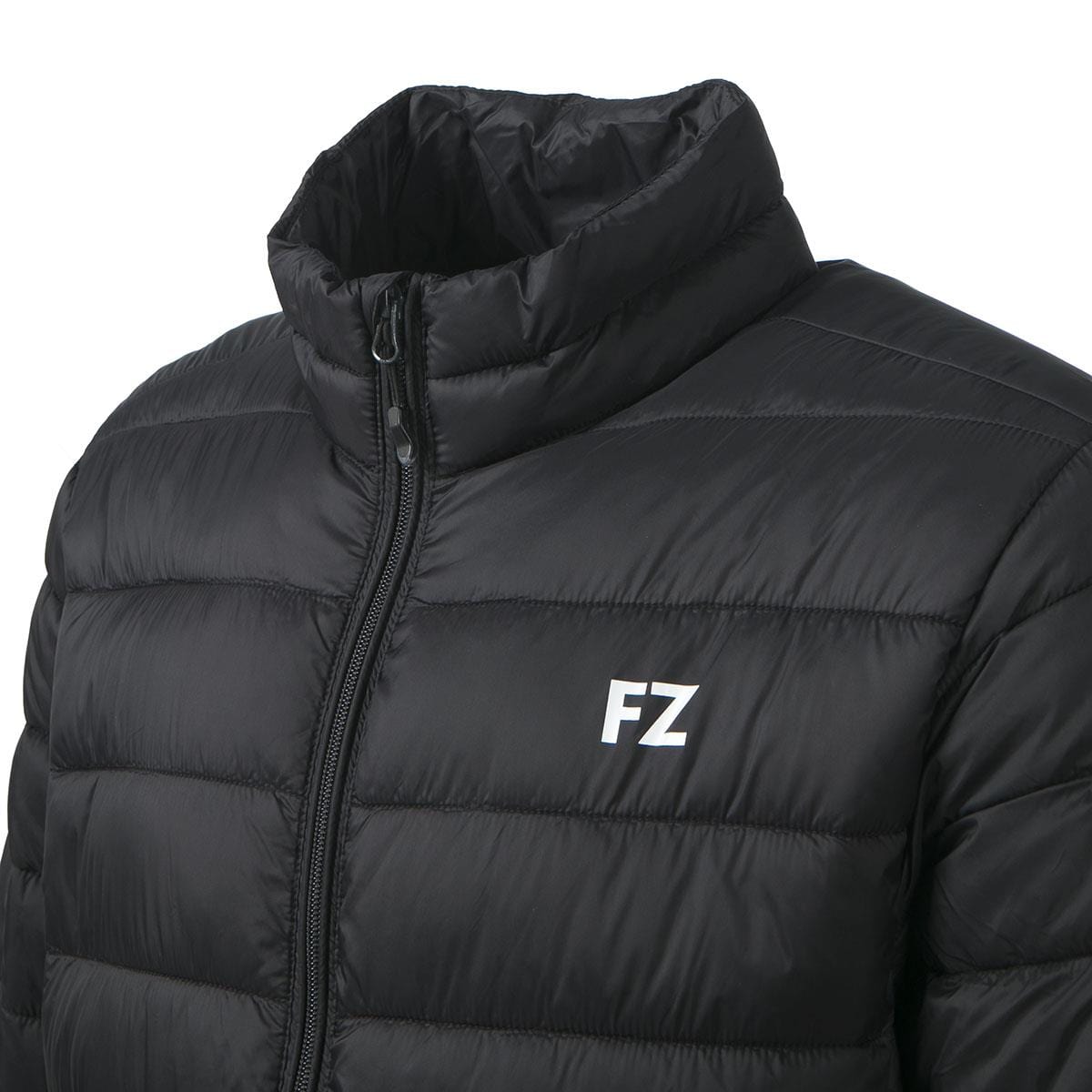 The FZ Forza Sinos Pro-Lite Badminton Jacket in black is a puffer jacket with down padding, featuring a high collar and visible zipper, adorned with the "FZ" logo on the chest.