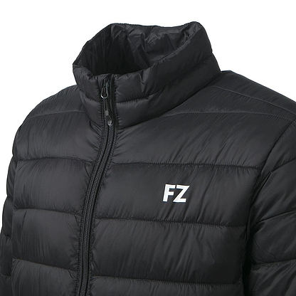 The FZ Forza Sinos Pro-Lite Badminton Jacket in black is a puffer jacket with down padding, featuring a high collar and visible zipper, adorned with the "FZ" logo on the chest.