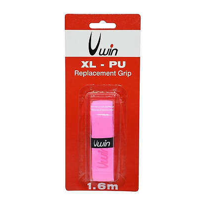 A pink Uwin PU Replacement XL Badminton Grip for sports equipment, showcased on a red and white cardboard backing. The packaging specifies the grip length as 1.6 meters, ideal for replacing your badminton racket grip.