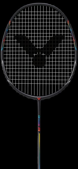 The Victor Drive XR Badminton Racket by Victor is a lightweight, black racket adorned with a vibrant logo and design on the shaft. Its strings are arranged in an exact grid pattern, enhancing its sleek and contemporary look.