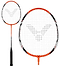 Introducing the Victor Concept Pro Badminton Racket by Victor: featuring a robust orange frame paired with a black grip, elegantly showcased from both the side and front views. The strings create an intricate pattern that resembles a stylized letter V on the racket head, making it ideal for delivering both power and precision.