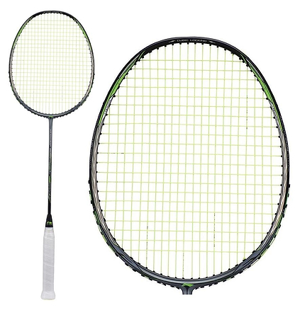 Close-up of the Li-Ning 3D Calibar 900 Combat Badminton Racket, featuring advanced 3D Calibar Technology. The racket has a grey frame with green strings and a handle wrapped in white grip tape. The image includes both a full view of the racket and a detailed close-up of the racket head.