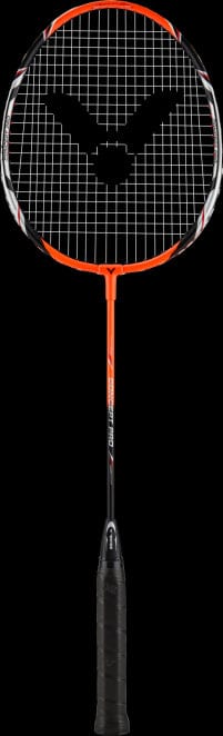 Introducing the Victor Concept Pro Badminton Racket by Victor, showcasing a robust orange frame complemented by black strings and grip. Its unique black string pattern delivers both style and exceptional performance on the court.