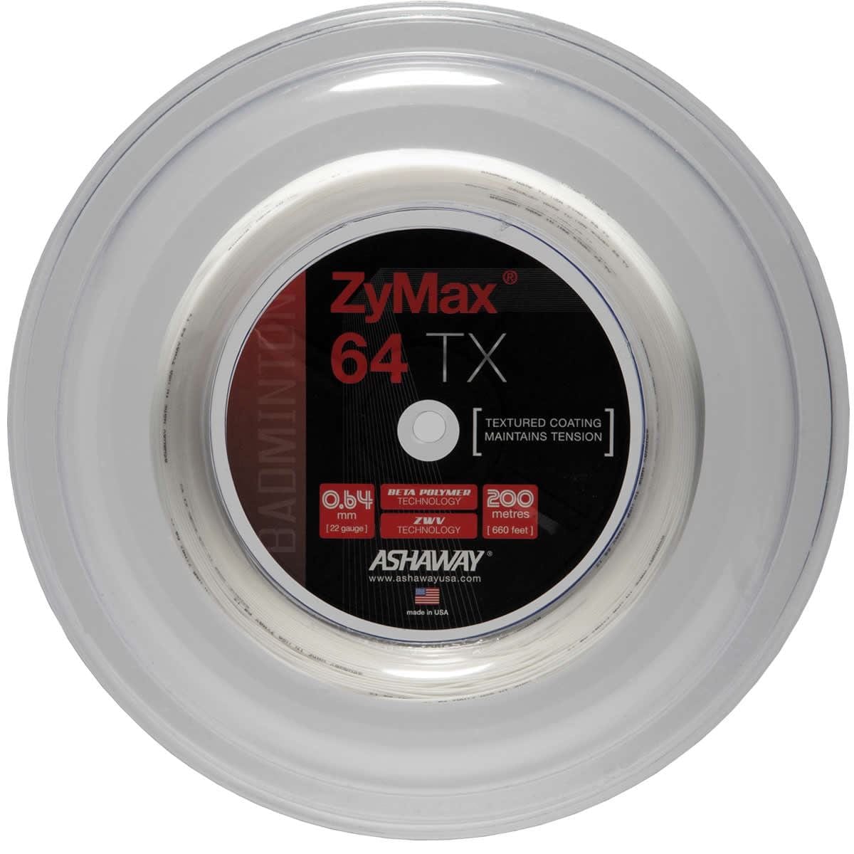The Ashaway Zymax 64 TX Badminton String, available in white as a 200-meter reel and featuring a 0.64 mm gauge, is engineered with BETA polymer fibers and ZyWeave string technology for enhanced tension maintenance. It comes with a clear outer casing complemented by a striking red and black label.